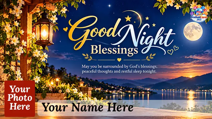 Good Night blessings card with moonlight, flowers and a peaceful lake