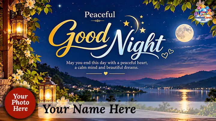 Peaceful Good Night wishes card with moonlit lake, lantern, name and round photo
