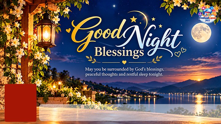 Good Night blessings card with moon, lantern, flowers, name and rectangle photo