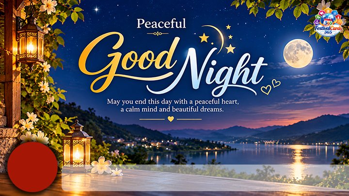 Peaceful Good Night wishes card with moonlit lake, lantern, name and round photo