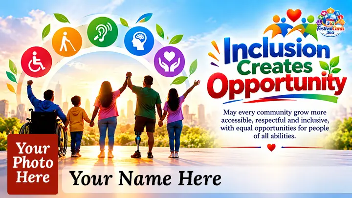 Inclusion Creates Opportunity card with people of different abilities, accessibility icons, name and rectangle photo