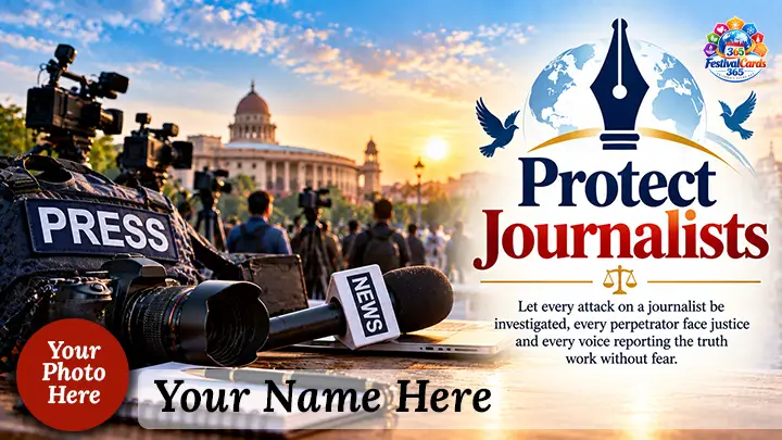 Protect Journalists card with press cameras, a government building, name and round photo