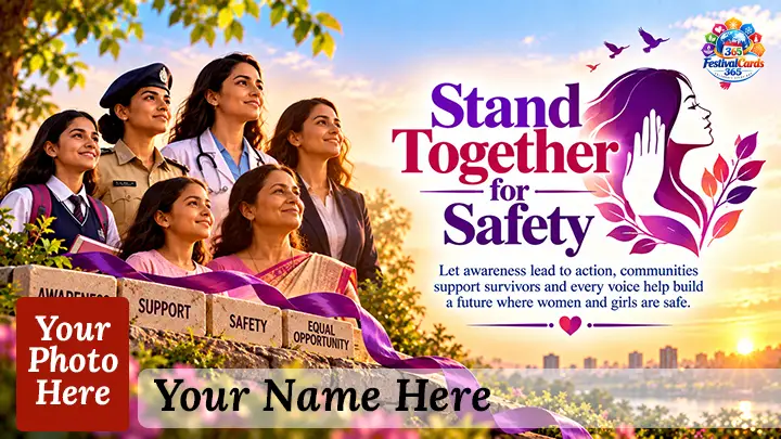 Stand Together for Safety card with women from different generations and professions, name and rectangle photo