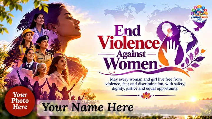 End Violence Against Women awareness card with women from different professions, safety ribbon, name and round photo