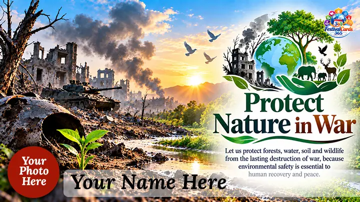 Protect Nature in War card with conflict damage, a green landscape, name and round photo