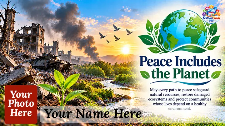 Peace Includes the Planet card with war damage, a restored landscape, name and rectangle photo