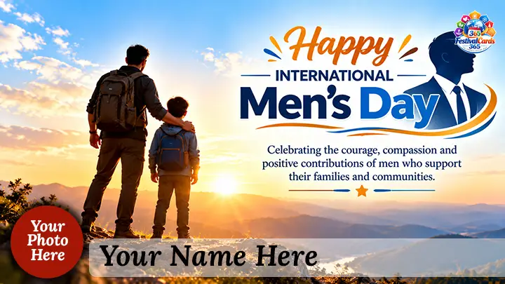 Happy International Men's Day card with a father and child, name and round photo