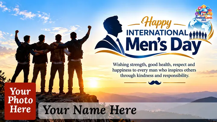 International Men's Day wishes card with a group of friends, name and rectangle photo