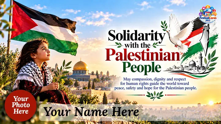 Solidarity with the Palestinian People card with Palestinian flag, child, dove, Jerusalem skyline, name and round photo