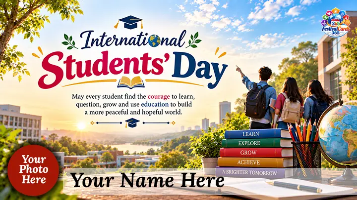 International Students' Day card with students on a campus, books, name and round photo