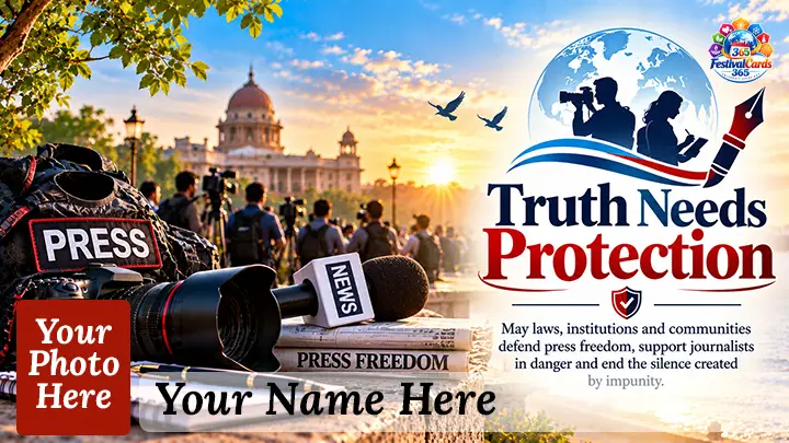 Truth Needs Protection card with journalists, press equipment, name and rectangle photo