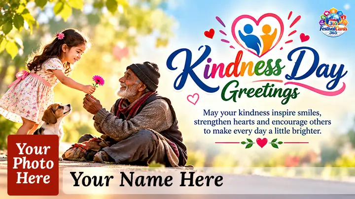 Kindness Day Greetings card with a child giving a flower, name and rectangle photo
