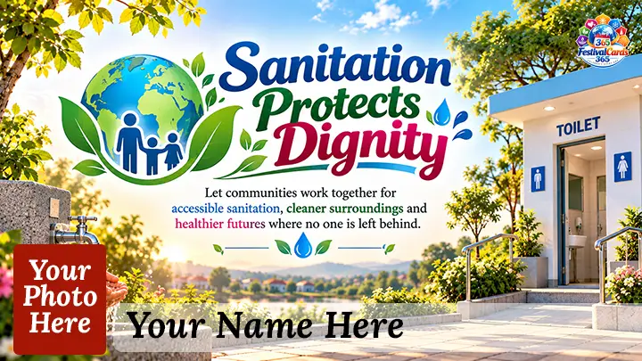 Sanitation Protects Dignity card with an accessible public toilet, family symbol, name and rectangle photo