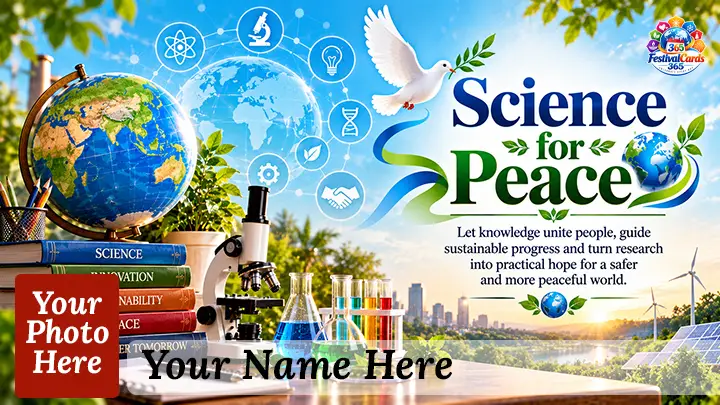 Science for Peace card with globes, dove, microscope, clean energy, name and rectangle photo