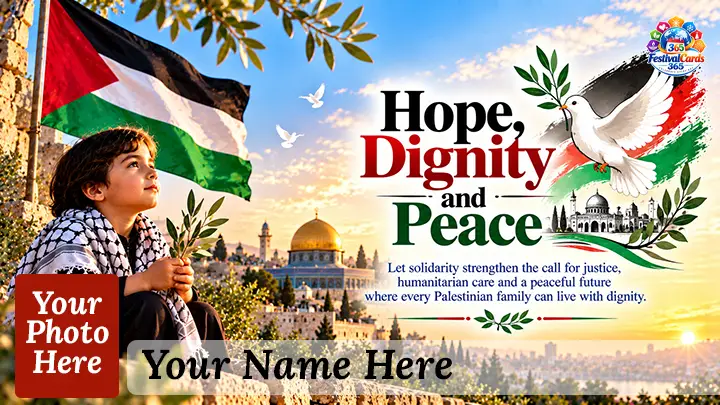 Hope, Dignity and Peace card with Palestinian flag, child, dove, Jerusalem landmarks, name and rectangle photo