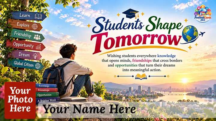 Students Shape Tomorrow card with a graduate, books, global learning symbols, name and rectangle photo