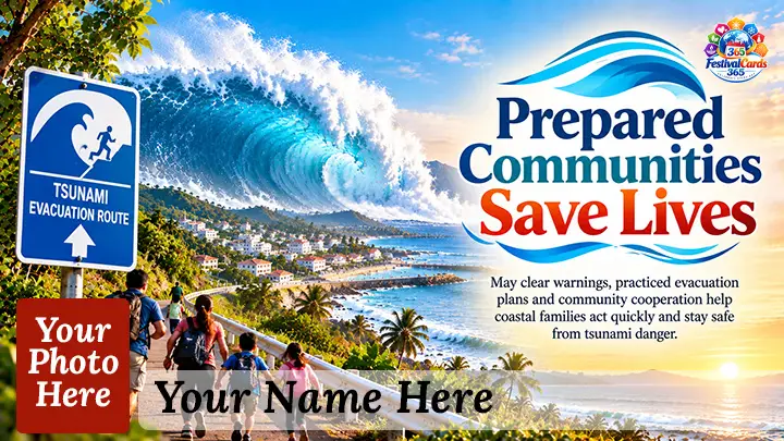 Prepared Communities Save Lives card with a tsunami wave, evacuation route sign, coastal families, name and rectangle photo