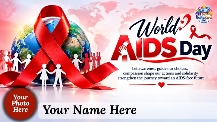 World AIDS Day awareness card with a red ribbon, globe, joined hands, name and round photo