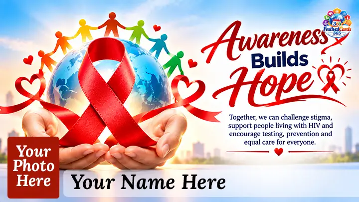 Awareness Builds Hope card with a red ribbon, globe, diverse people, name and rectangle photo