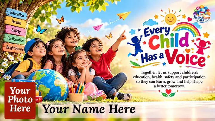 Every Child Has a Voice card with children, a globe, rainbow, name and rectangle photo