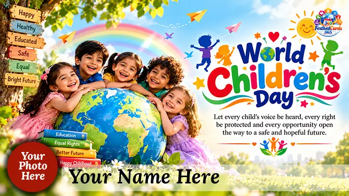 World Children's Day wishes card with smiling children around a globe, books, name and round photo