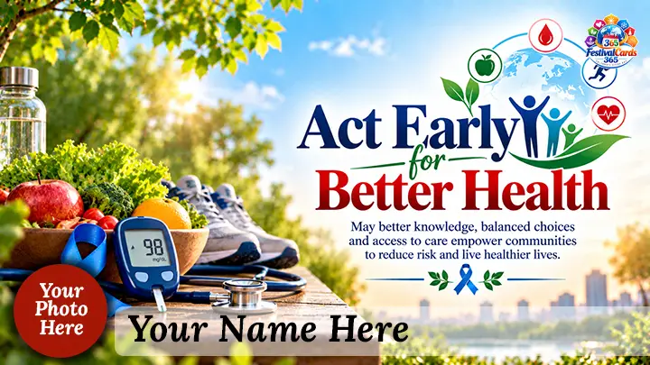 Act Early for Better Health card with fruit, glucose meter, blue ribbon, activity icons, name and rectangle photo