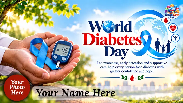 World Diabetes Day card with blue awareness ribbon, glucose meter, globe, name and round photo