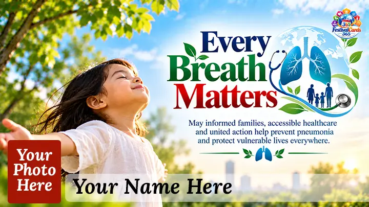 Every Breath Matters card with a child breathing outdoors, lung illustration, family silhouettes, name and rectangle photo