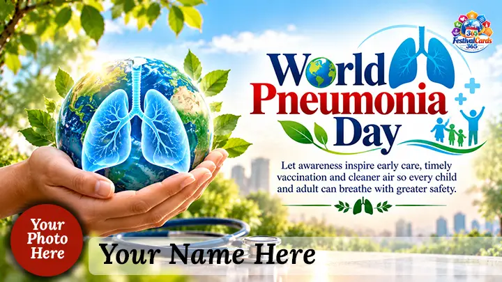 World Pneumonia Day card with lungs inside a globe, caring hands, stethoscope, name and round photo