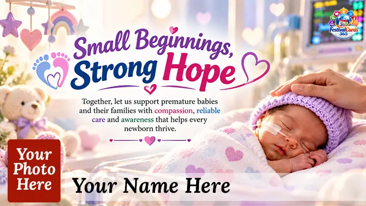 Small Beginnings, Strong Hope card with a premature baby, caring adult hand, name and rectangle photo