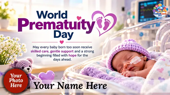 World Prematurity Day card with a premature baby receiving hospital care, name and round photo