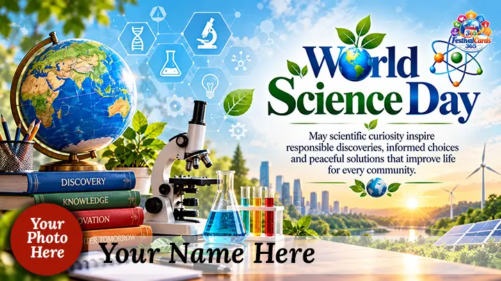 World Science Day card with globe, microscope, laboratory glassware, clean energy, name and round photo