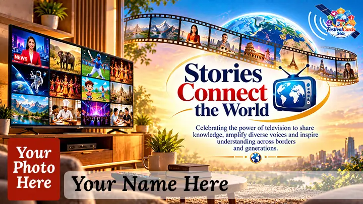 Stories Connect the World television card with news, culture and global media scenes, name and rectangle photo