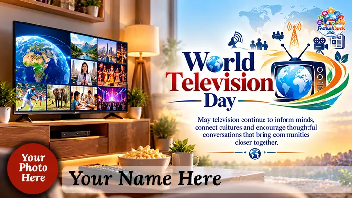 World Television Day wishes card with television screens, global broadcast symbols, name and round photo