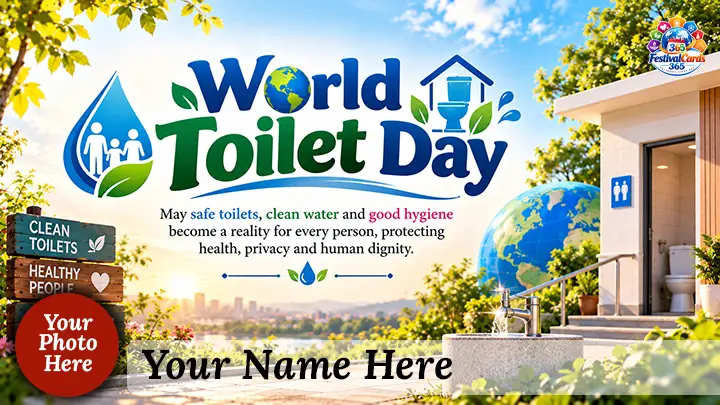 World Toilet Day card with a clean accessible toilet, water and hygiene symbols, name and round photo
