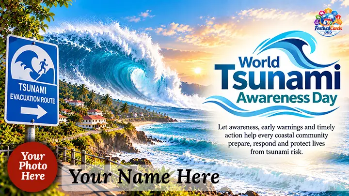 World Tsunami Awareness Day card with a coastal wave, evacuation route sign, name and round photo