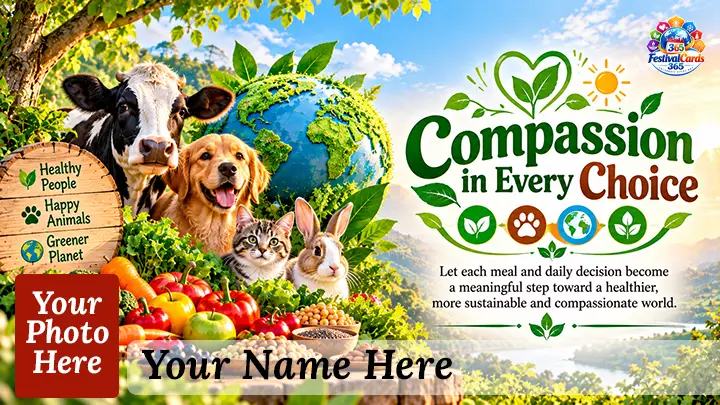Compassion in Every Choice card with animals, green globe, fresh produce, name and rectangle photo