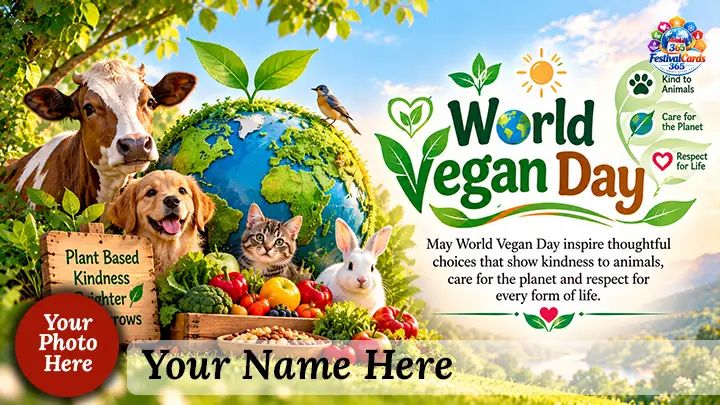 World Vegan Day card with animals, green globe, vegetables, name and round photo