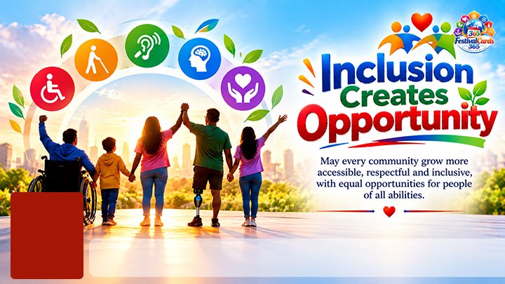 Inclusion Creates Opportunity card with people of different abilities, accessibility icons, name and rectangle photo