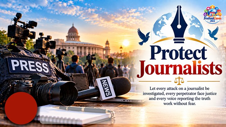 Protect Journalists card with press cameras, a government building, name and round photo