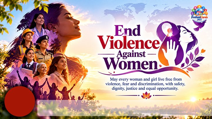 End Violence Against Women awareness card with women from different professions, safety ribbon, name and round photo