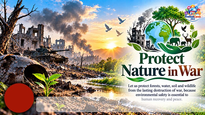 Protect Nature in War card with conflict damage, a green landscape, name and round photo