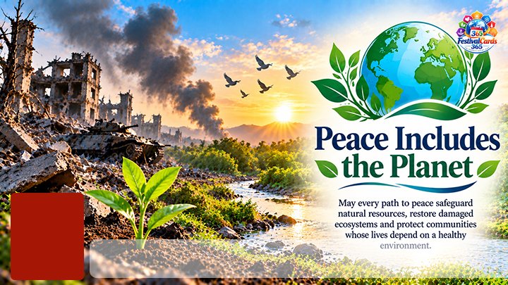 Peace Includes the Planet card with war damage, a restored landscape, name and rectangle photo
