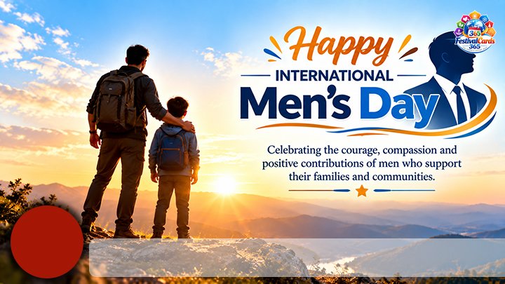Happy International Men's Day card with a father and child, name and round photo