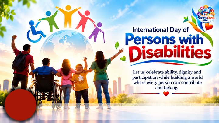 International Day of Persons with Disabilities card with an inclusive group, accessibility symbols, name and round photo