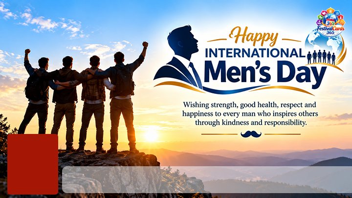 International Men's Day wishes card with a group of friends, name and rectangle photo