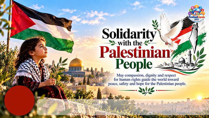 Solidarity with the Palestinian People card with Palestinian flag, child, dove, Jerusalem skyline, name and round photo