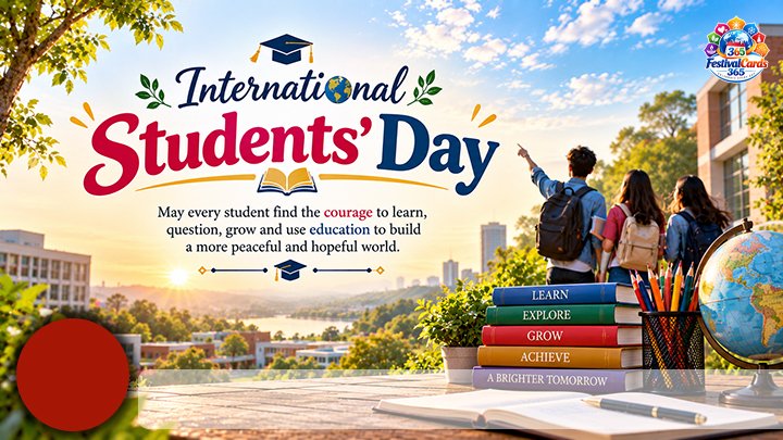 International Students' Day card with students on a campus, books, name and round photo