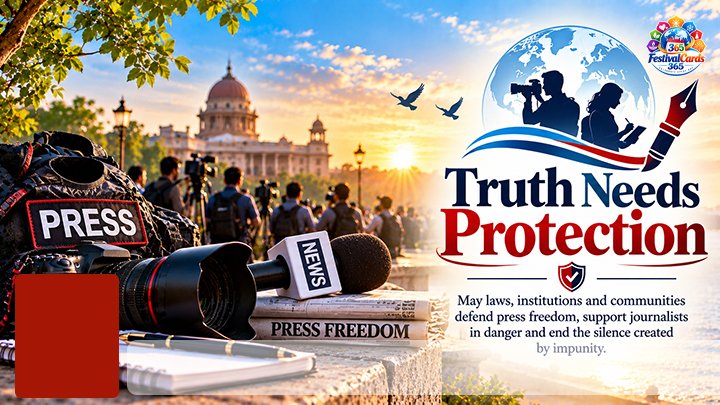 Truth Needs Protection card with journalists, press equipment, name and rectangle photo