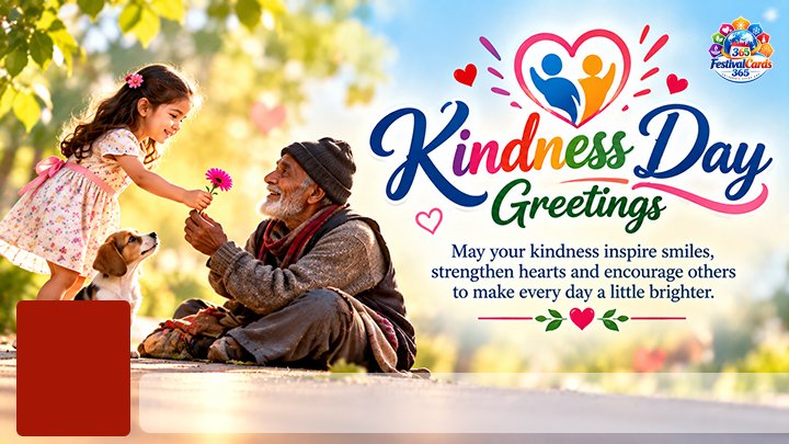 Kindness Day Greetings card with a child giving a flower, name and rectangle photo